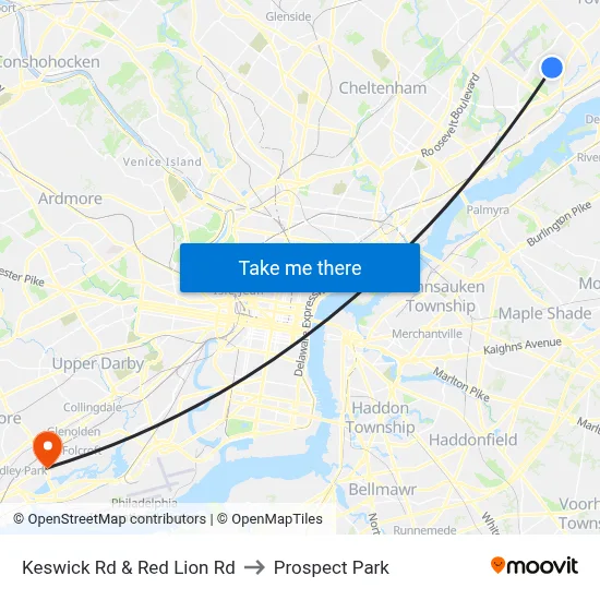 Keswick Rd & Red Lion Rd to Prospect Park map