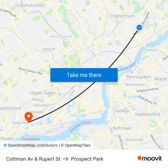 Cottman Av & Rupert St to Prospect Park map