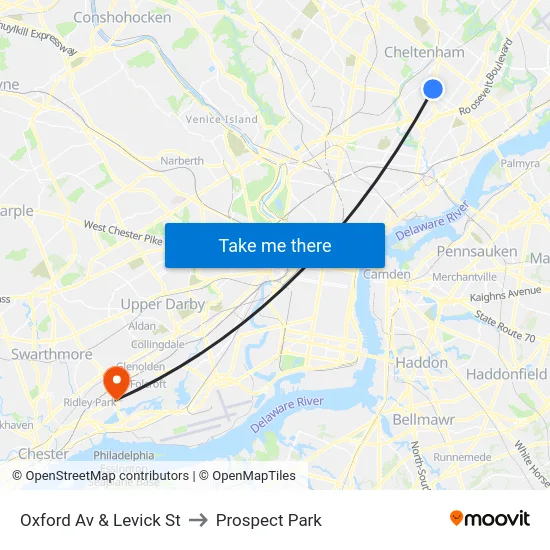 Oxford Av & Levick St to Prospect Park map