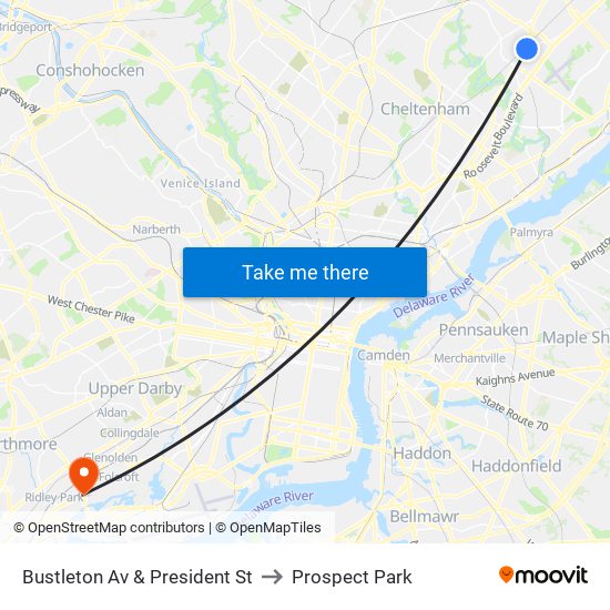 Bustleton Av & President St to Prospect Park map