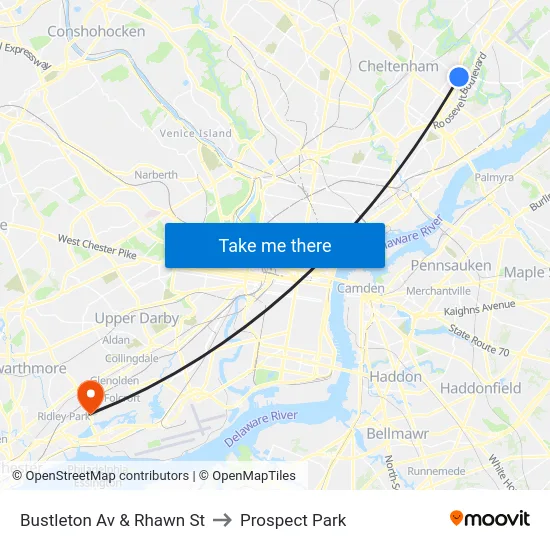 Bustleton Av & Rhawn St to Prospect Park map
