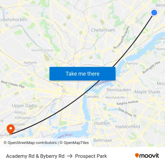 Academy Rd & Byberry Rd to Prospect Park map
