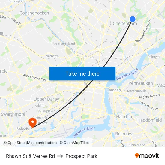 Rhawn St & Verree Rd to Prospect Park map