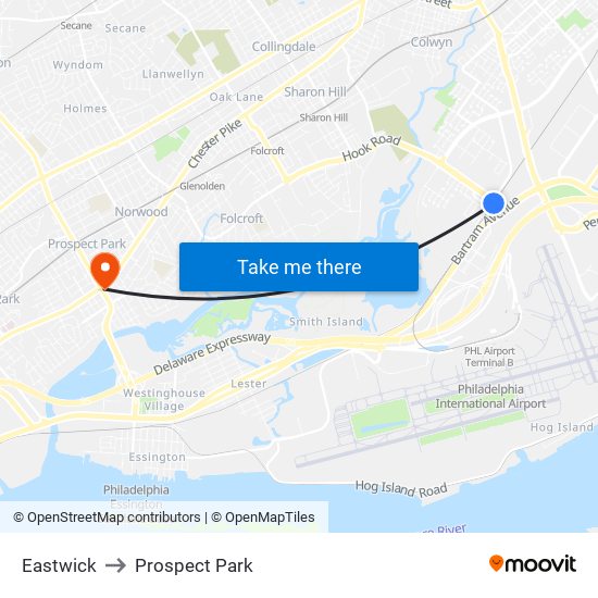 Eastwick to Prospect Park map