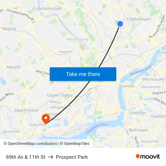 69th Av & 11th St to Prospect Park map