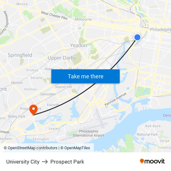 University City to Prospect Park map