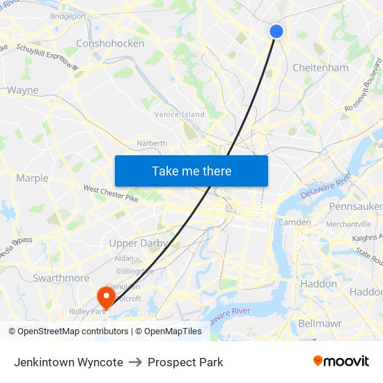 Jenkintown Wyncote to Prospect Park map