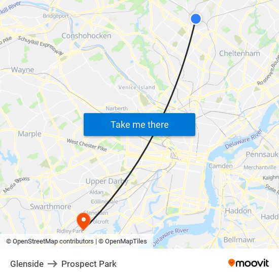 Glenside to Prospect Park map