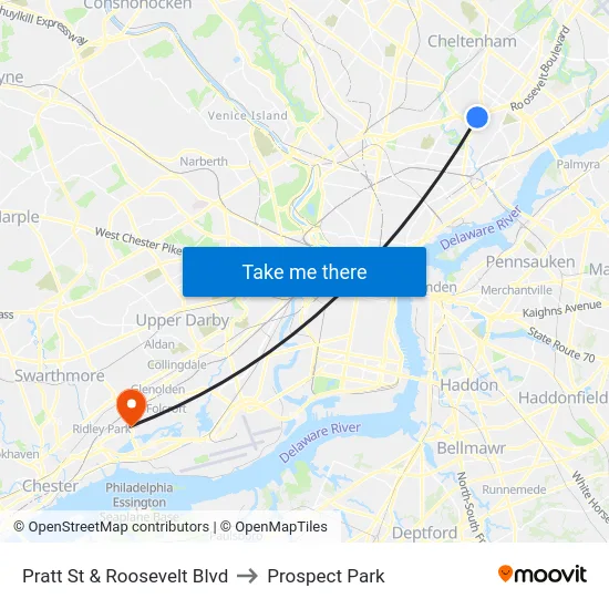 Pratt St & Roosevelt Blvd to Prospect Park map