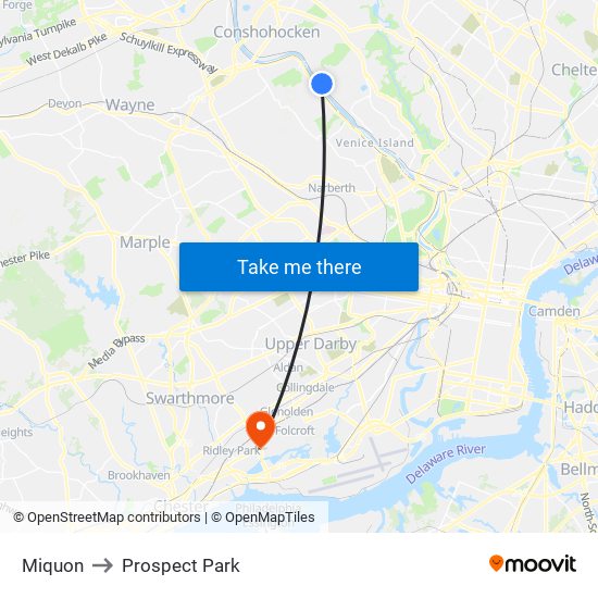 Miquon to Prospect Park map