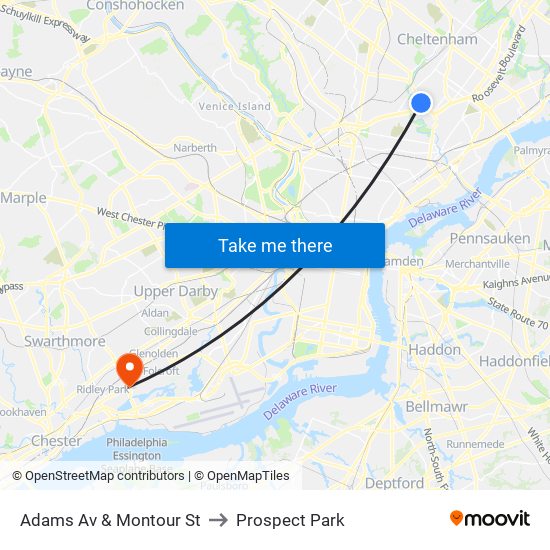 Adams Av & Montour St to Prospect Park map