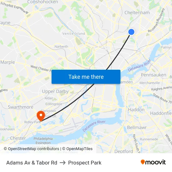 Adams Av & Tabor Rd to Prospect Park map
