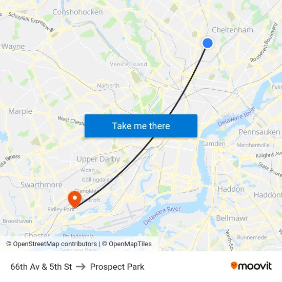 66th Av & 5th St to Prospect Park map
