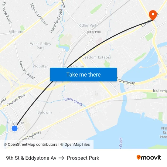 9th St & Eddystone Av to Prospect Park map