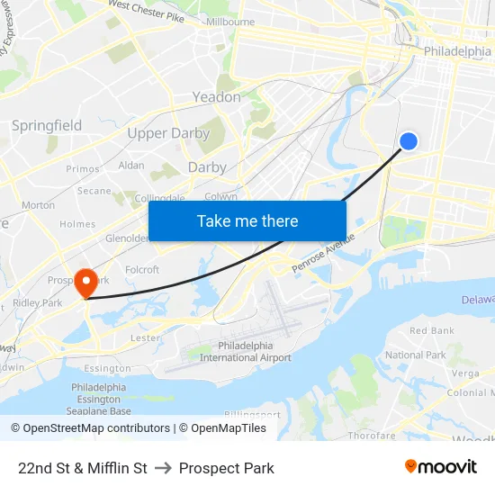 22nd St & Mifflin St to Prospect Park map