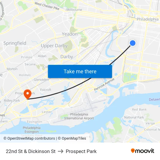 22nd St & Dickinson St to Prospect Park map