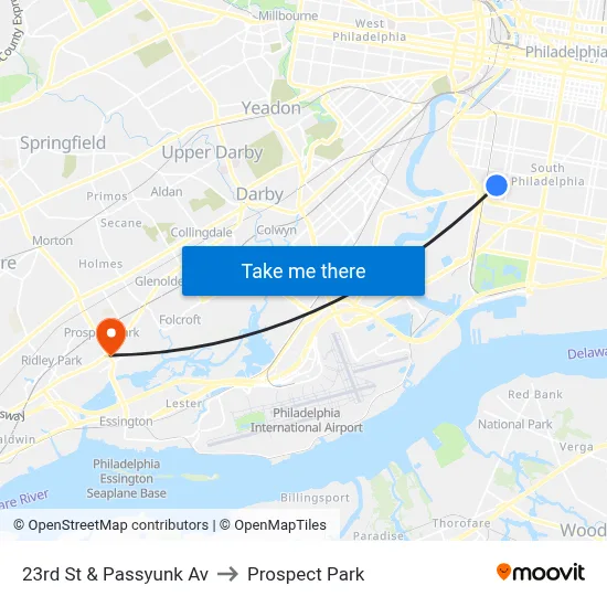 23rd St & Passyunk Av to Prospect Park map