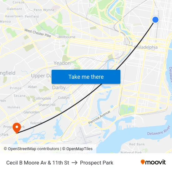 Cecil B Moore Av & 11th St to Prospect Park map
