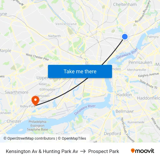Kensington Av & Hunting Park Av to Prospect Park map