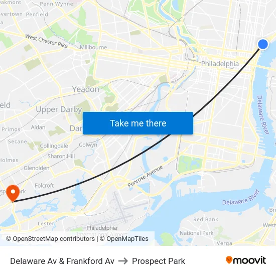 Delaware Av & Frankford Av to Prospect Park map