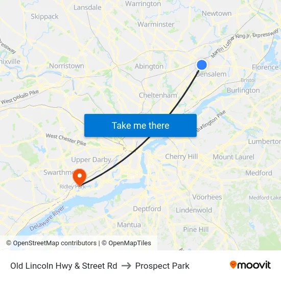 Old Lincoln Hwy & Street Rd to Prospect Park map