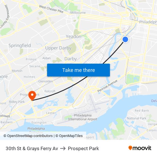 30th St & Grays Ferry Av to Prospect Park map