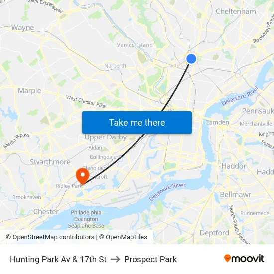 Hunting Park Av & 17th St to Prospect Park map