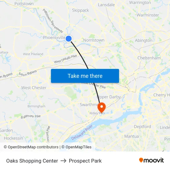 Oaks Shopping Center to Prospect Park map