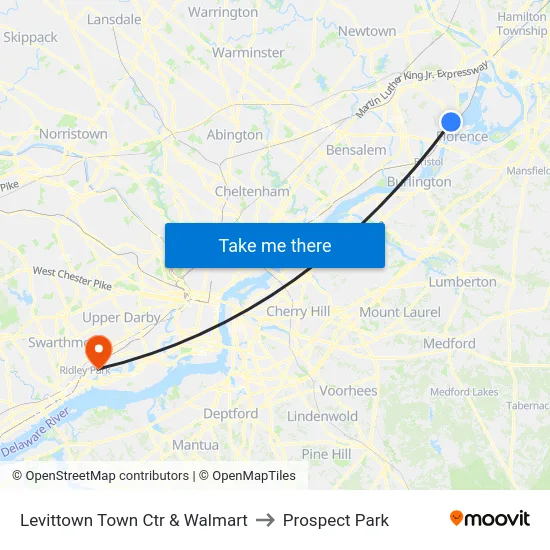 Levittown Town Ctr & Walmart to Prospect Park map