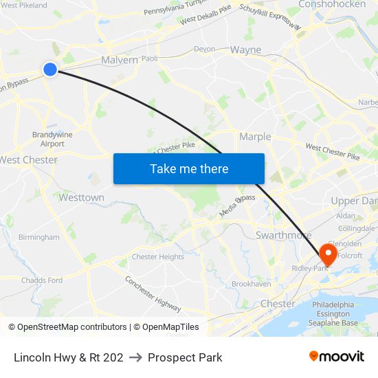 Lincoln Hwy & Rt 202 to Prospect Park map