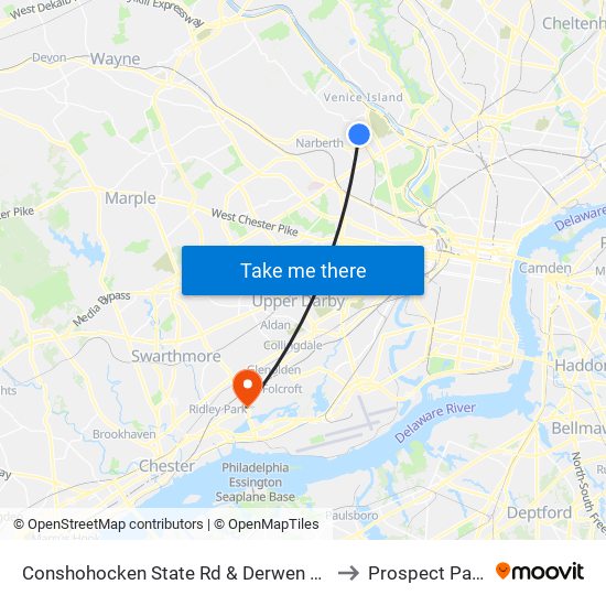 Conshohocken State Rd & Derwen Rd to Prospect Park map