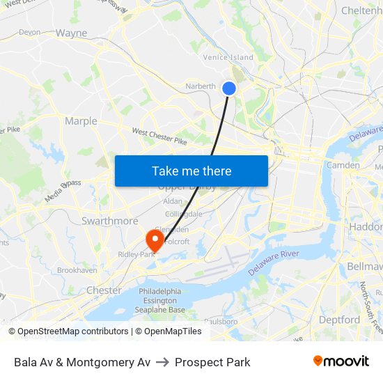 Bala Av & Montgomery Av to Prospect Park map
