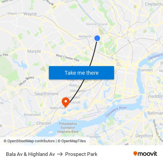 Bala Av & Highland Av to Prospect Park map