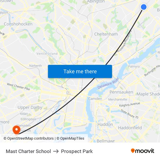 Mast Charter School to Prospect Park map