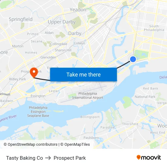 Tasty Baking Co to Prospect Park map