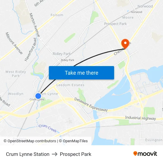 Crum Lynne Station to Prospect Park map