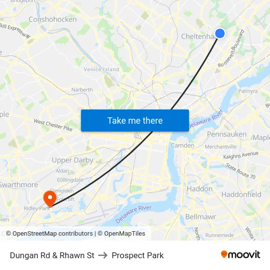 Dungan Rd & Rhawn St to Prospect Park map