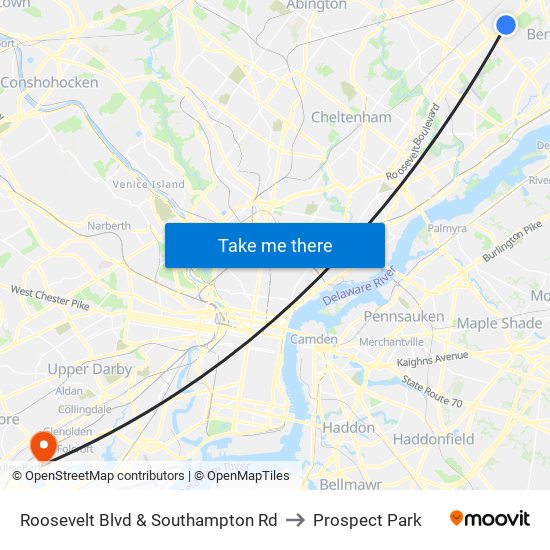 Roosevelt Blvd & Southampton Rd to Prospect Park map
