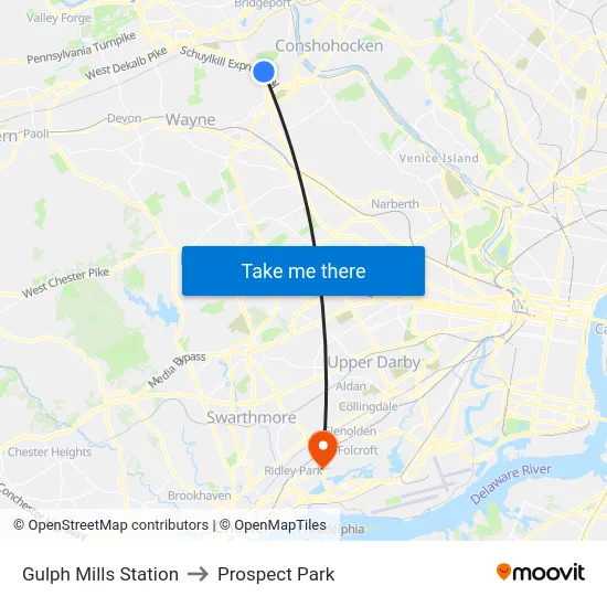 Gulph Mills Station to Prospect Park map