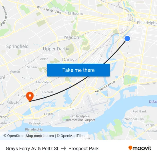 Grays Ferry Av & Peltz St to Prospect Park map