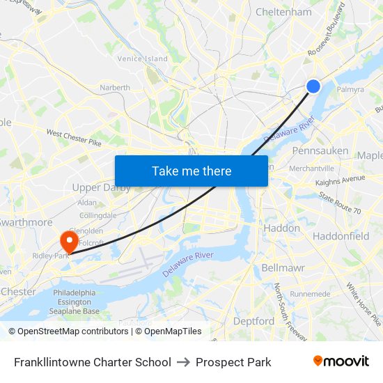 Frankllintowne Charter School to Prospect Park map