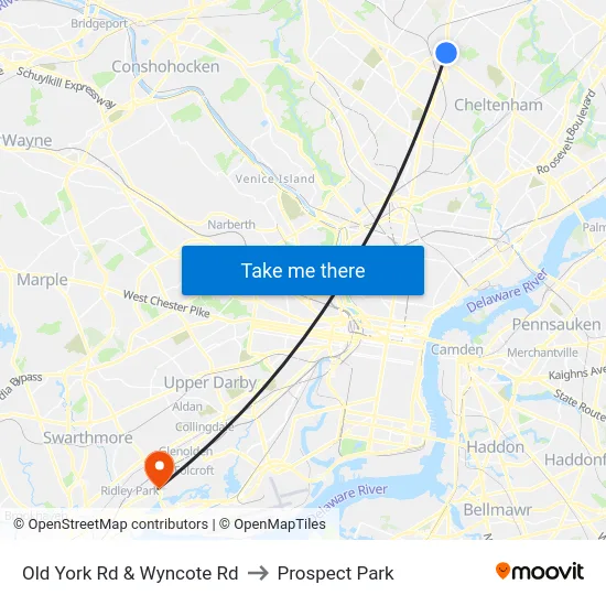 Old York Rd & Wyncote Rd to Prospect Park map