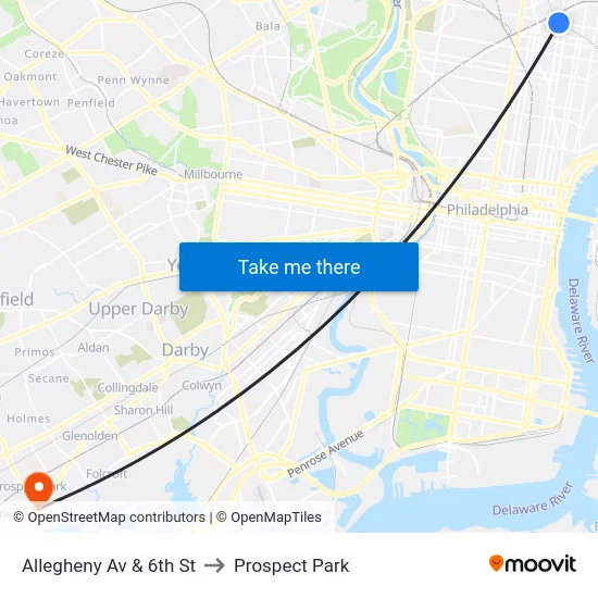 Allegheny Av & 6th St to Prospect Park map