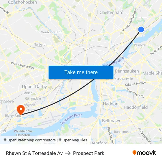 Rhawn St & Torresdale Av to Prospect Park map