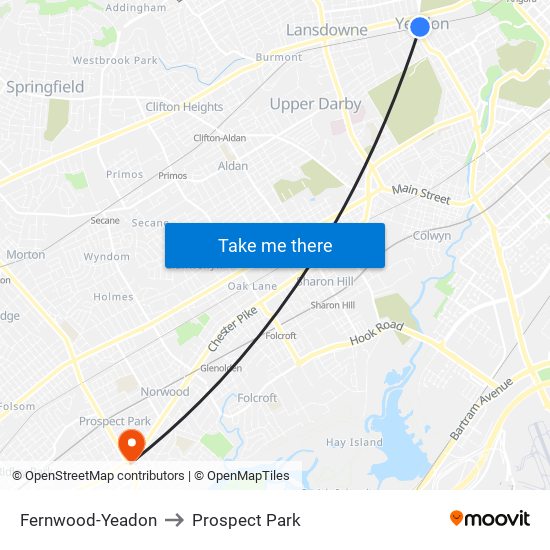 Fernwood-Yeadon to Prospect Park map