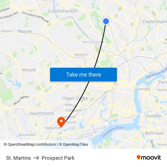 St. Martins to Prospect Park map