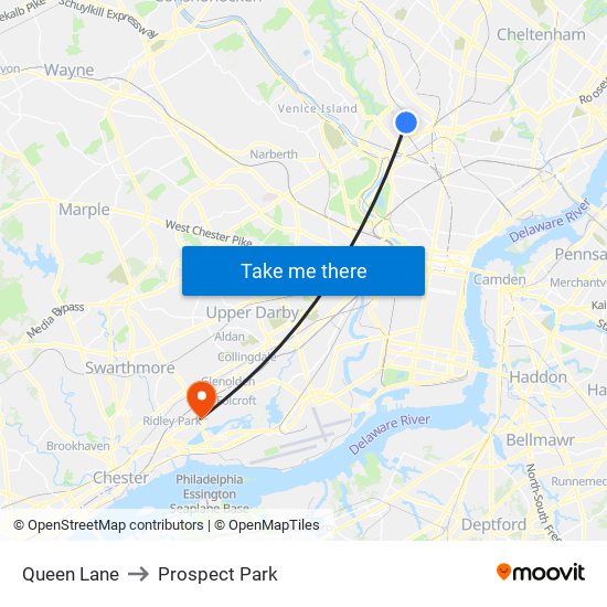 Queen Lane to Prospect Park map