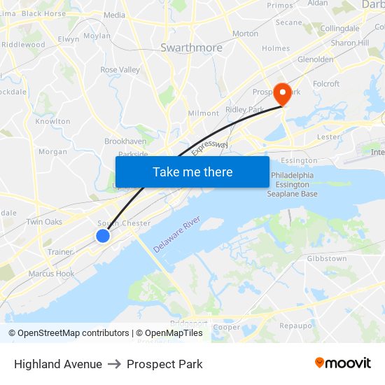 Highland Avenue to Prospect Park map