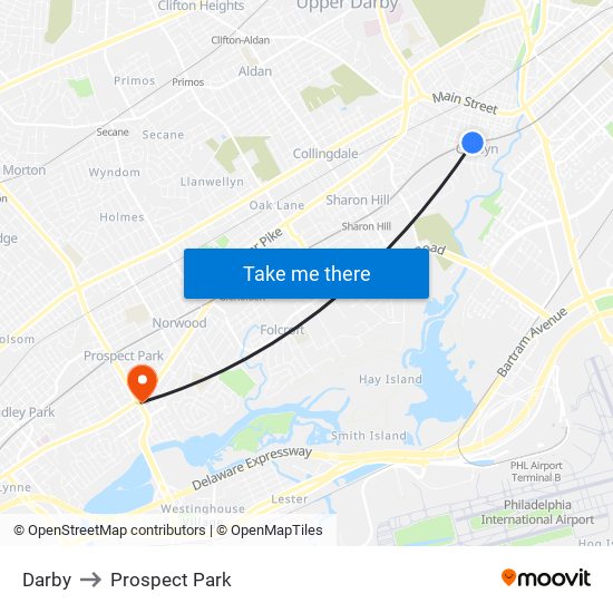 Darby to Prospect Park map