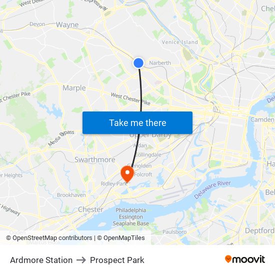 Ardmore Station to Prospect Park map